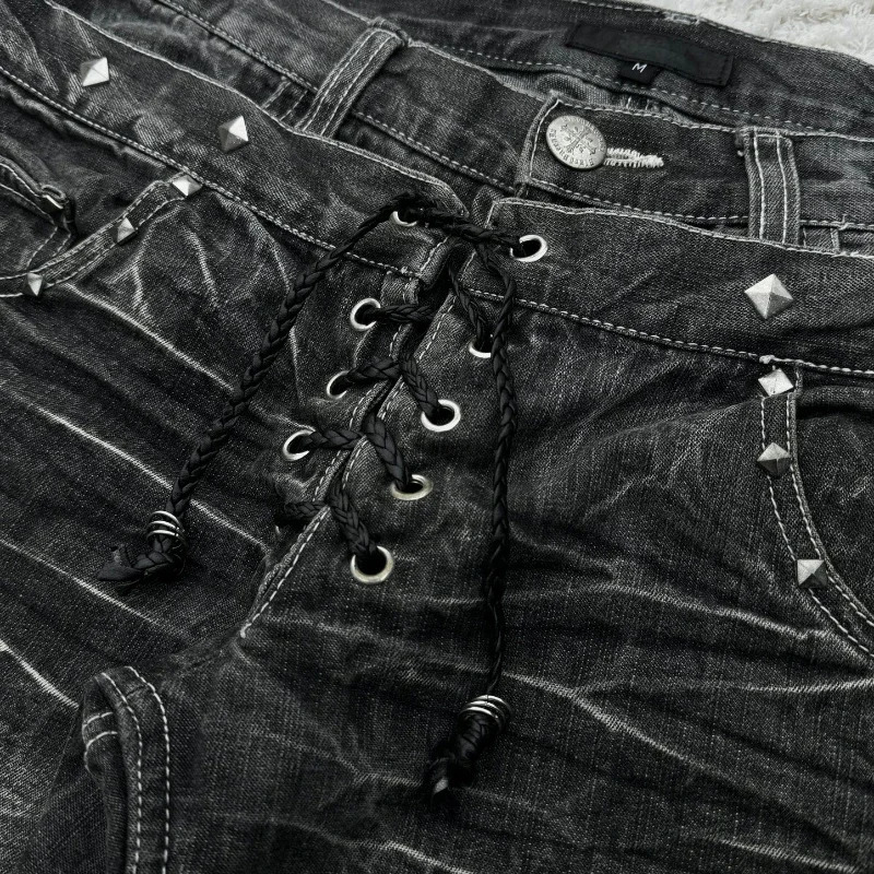 retro double waisted lace up micro flared women pants streetwear Y2K washed high-quality sense men and women jeans 250228
