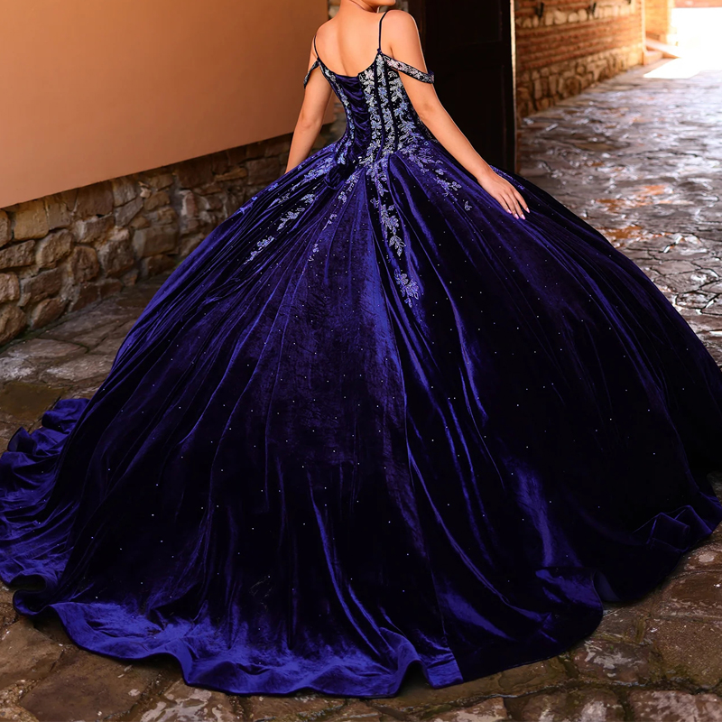 Navy Blue Shiny Quinceanera Dresses Ball Gown Off The Shoulder Applique Beading Party Birthday Sweet 16 Vestidos 15 De Anos