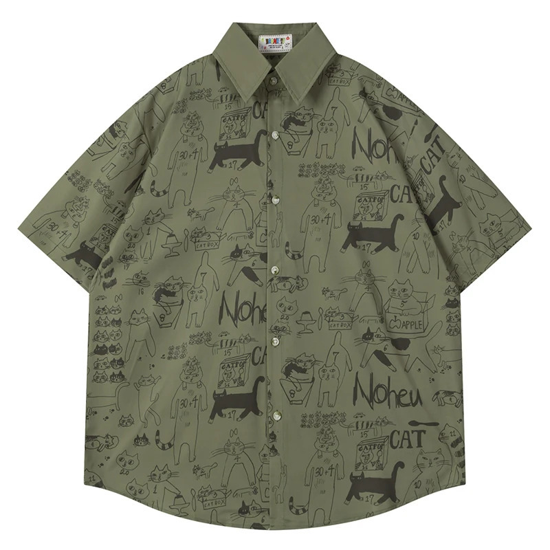 Summer mens short sleeved shirt hip-hop retro cartoon cat graphic printed shirt Harajuku streetwear casual loose shirt 250227