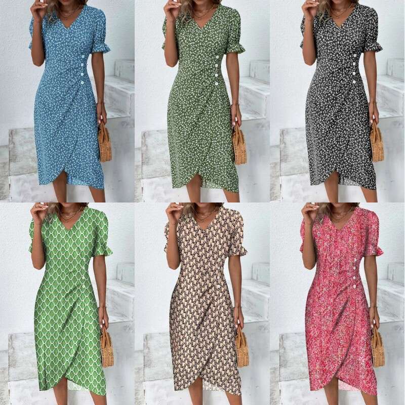 A large number of hot selg summer styles, geometric collage bubble sleeves, irregular hem dresses, 2025 new casual and versatile fashionable clothing