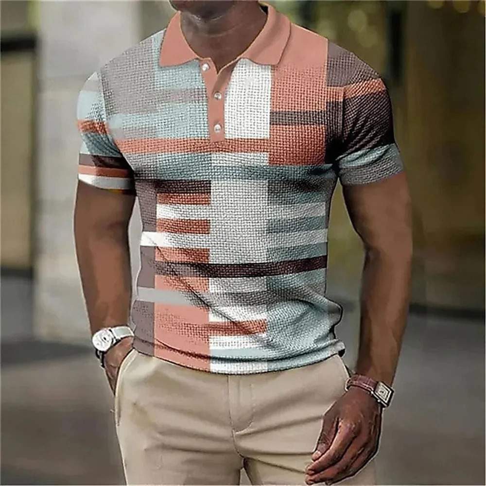 Fashion MenS Polo Striped Plaid Print Vintage MenS Clothing High-Quality Top Street Casual Short Sleeved Loose Oversized Shirt 250304