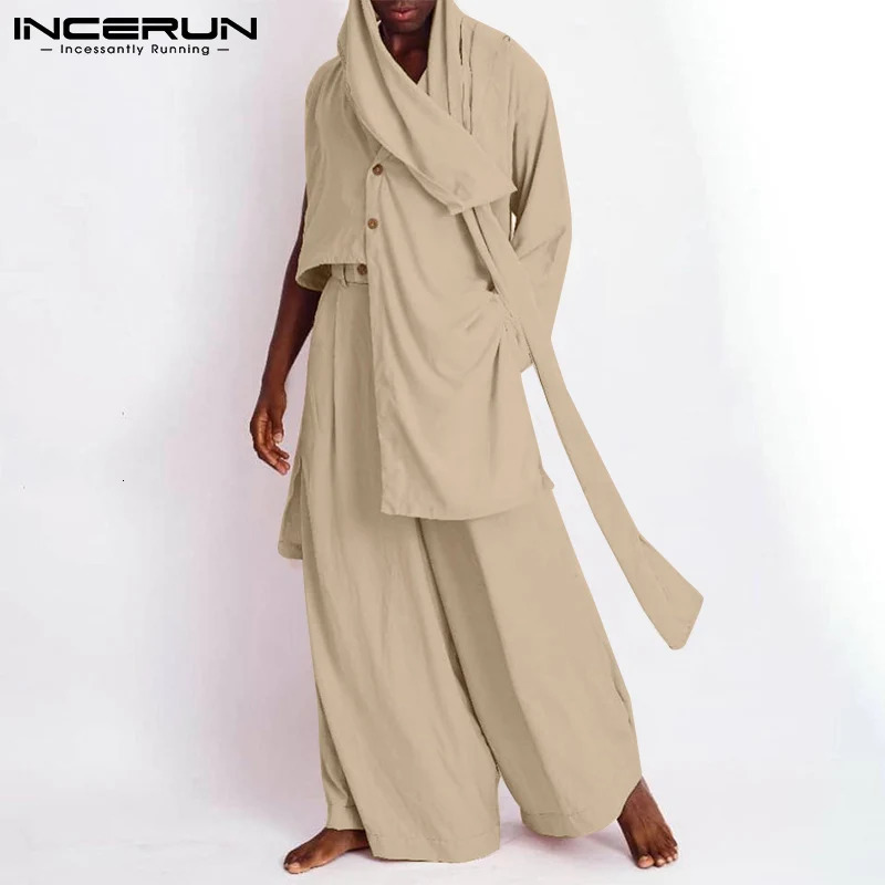Stylish Mens Solid All-match Sets Irregular Hem Sleeve Shirts Loose Pants Casual Muslim Style Suit 2 Pieces S-5XL INCERUN 250303