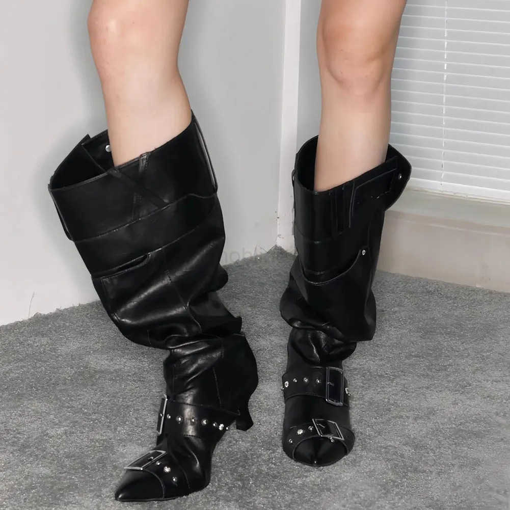 Brand Design Bronze Kitten H Wide Calf Pleated Boots Elegant Pointy Toe Modern Lady Mid-calf Boots Shoes Buckle Decor Z250304