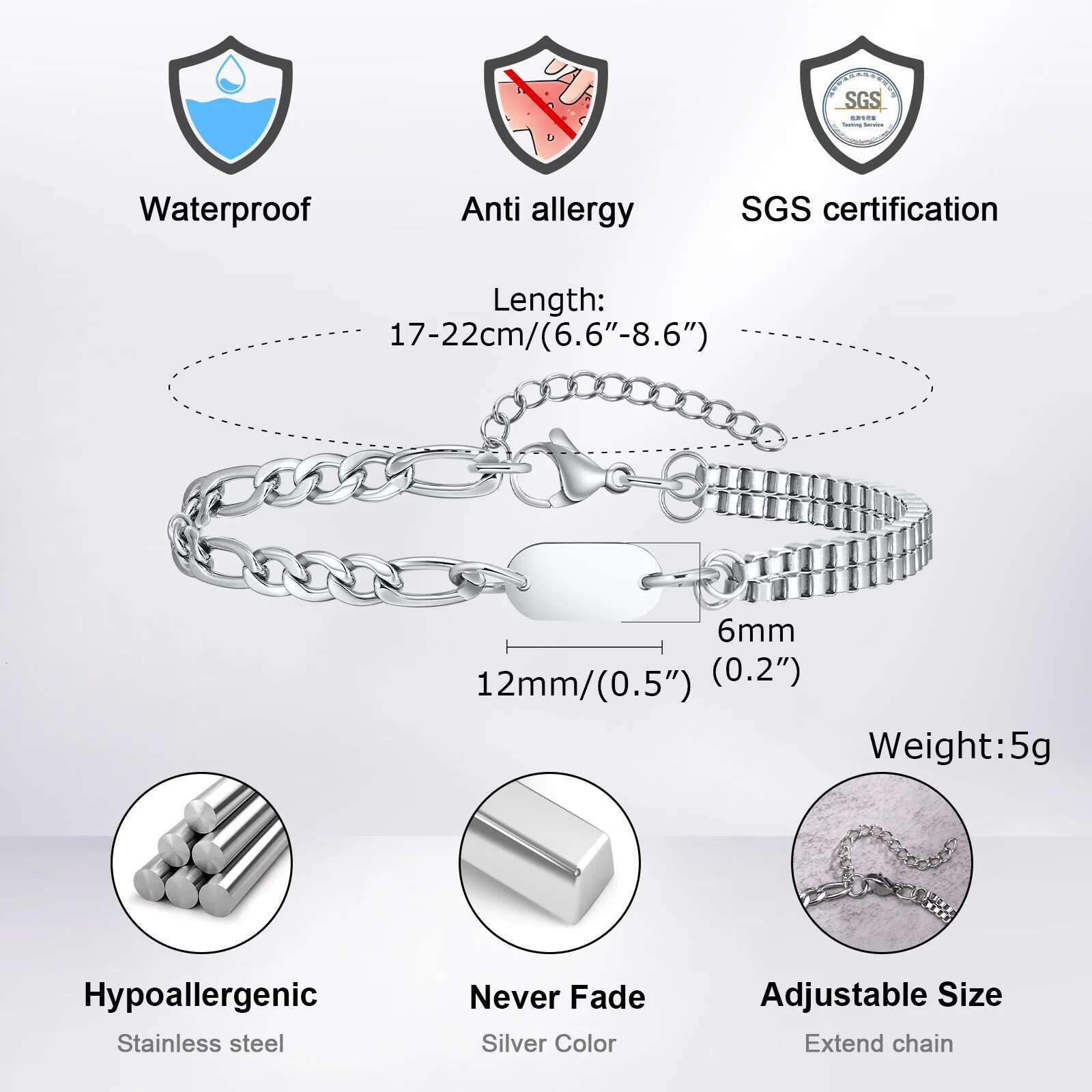 Vnox A-Z Initial Bracelets Men Women, Never Fade Figaro Chain, Double Layered Box k Chain Bracelets, Name Gift for Him