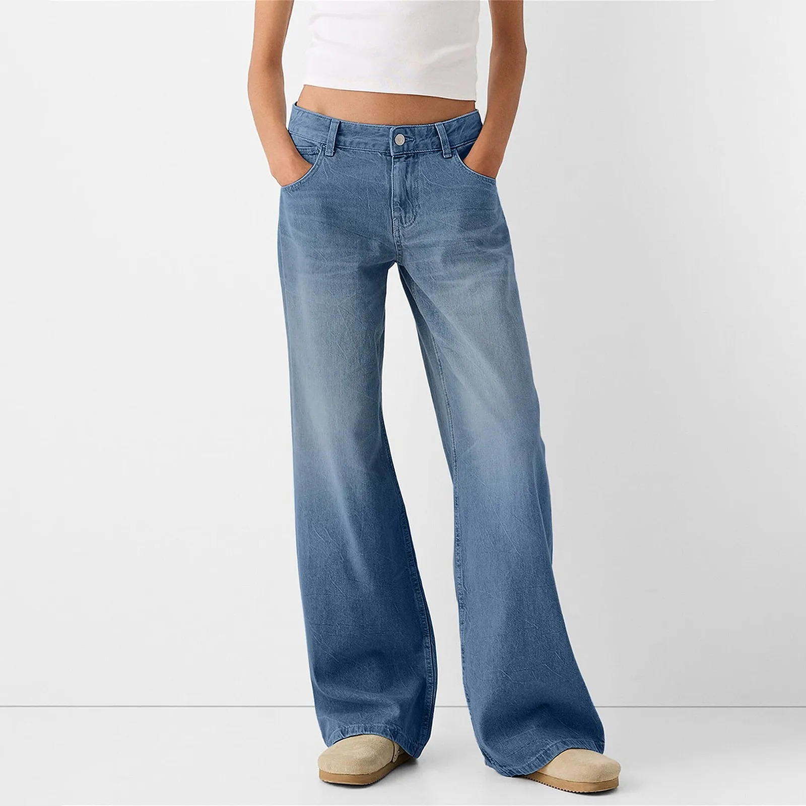 Womens Fashion Denim Jeans Retro Loose Straight Pants Mid Waist Button Pocket Trouser Casual De Mujer Pantalon 250227