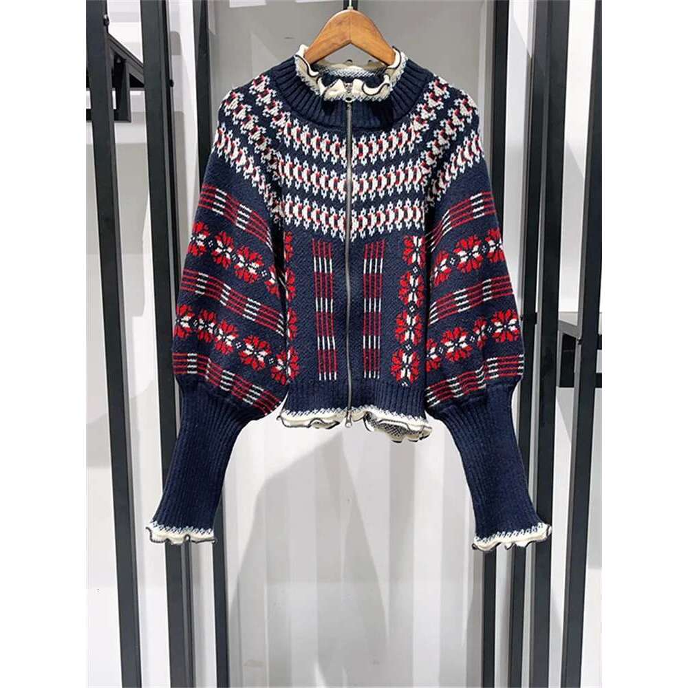 Women's Ruffles Collar Double Zipper Sweater Coat 2025 Autumn/Winter Lantern Sleeve Retro Contrast Color Knitwear Cardigan Top