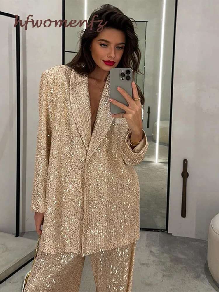 Elegant Sequins Jacket Pants 2 Pieces Outfits Women Shiny One Button Lapel Long Sleeve Coat Wide Leg Pant New In Matching Suit