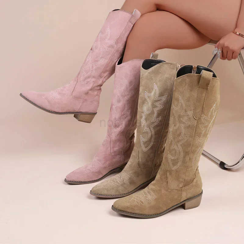Embroidered Wern Cowboy Boots for Wen Autumn Pointed Toe Thick Heel High Knee Boots Wan Loose PU Leather Long Botas Mujer Z250304