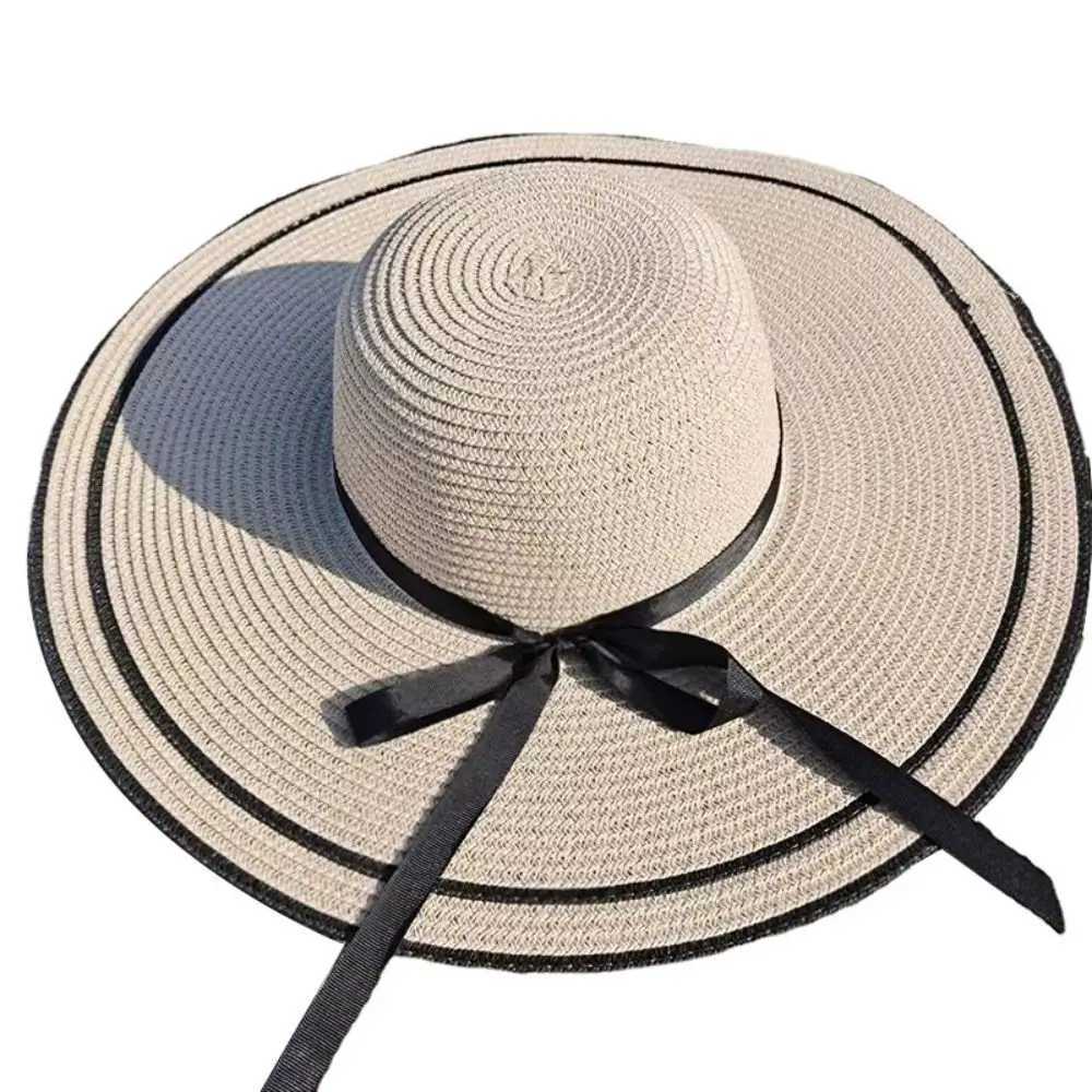 Portable Wide Brim Str Hat Casual Summer Ribbon Bow Tie Str C Travel Large Brim Beach Hat WomenXJ250304