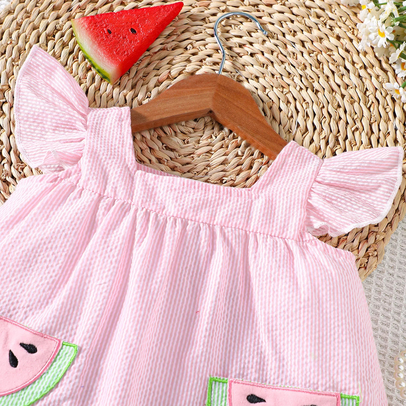 Summer Cute Baby Girl Clothing Set 0-2Y Watermelon Embroidered Pocket Flying Sleeve Top and Shorts 2 pieces of toddler clothing 250304