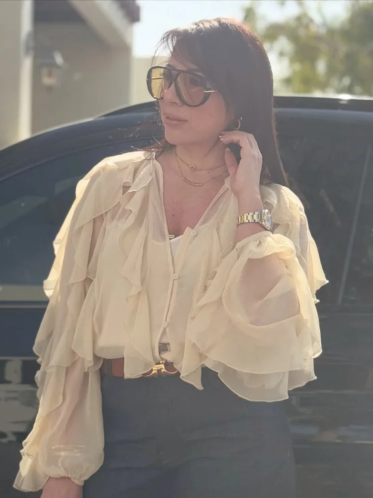 Fashion Burgundy V Neck Layer Ruffles Shirts Women Elegant Full Sleeve Loose Blouse Spring Lady Commuting Office Outfit 250228