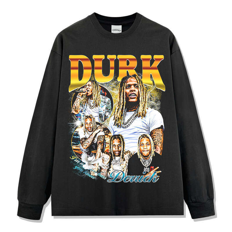 American Lil Durk printed washed T-shirt round neck long sleeved hooded sweatshirt for men