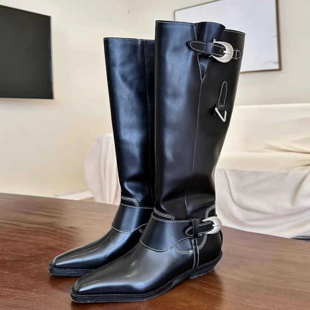 High Quality Brand New Punk Buckle Belt Black Cowboy Boots Square-heeled Pointy Toe Vintage Brown Motorcycles Boots Wen Shoes Z250304