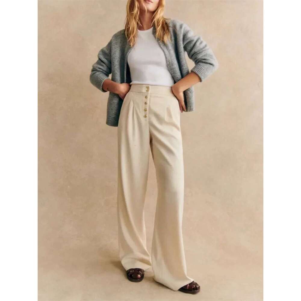 High Waist Long Pants Women Gold Single Breasted Casual 3 Colors Female Wide Leg Trousers 2025 Spring