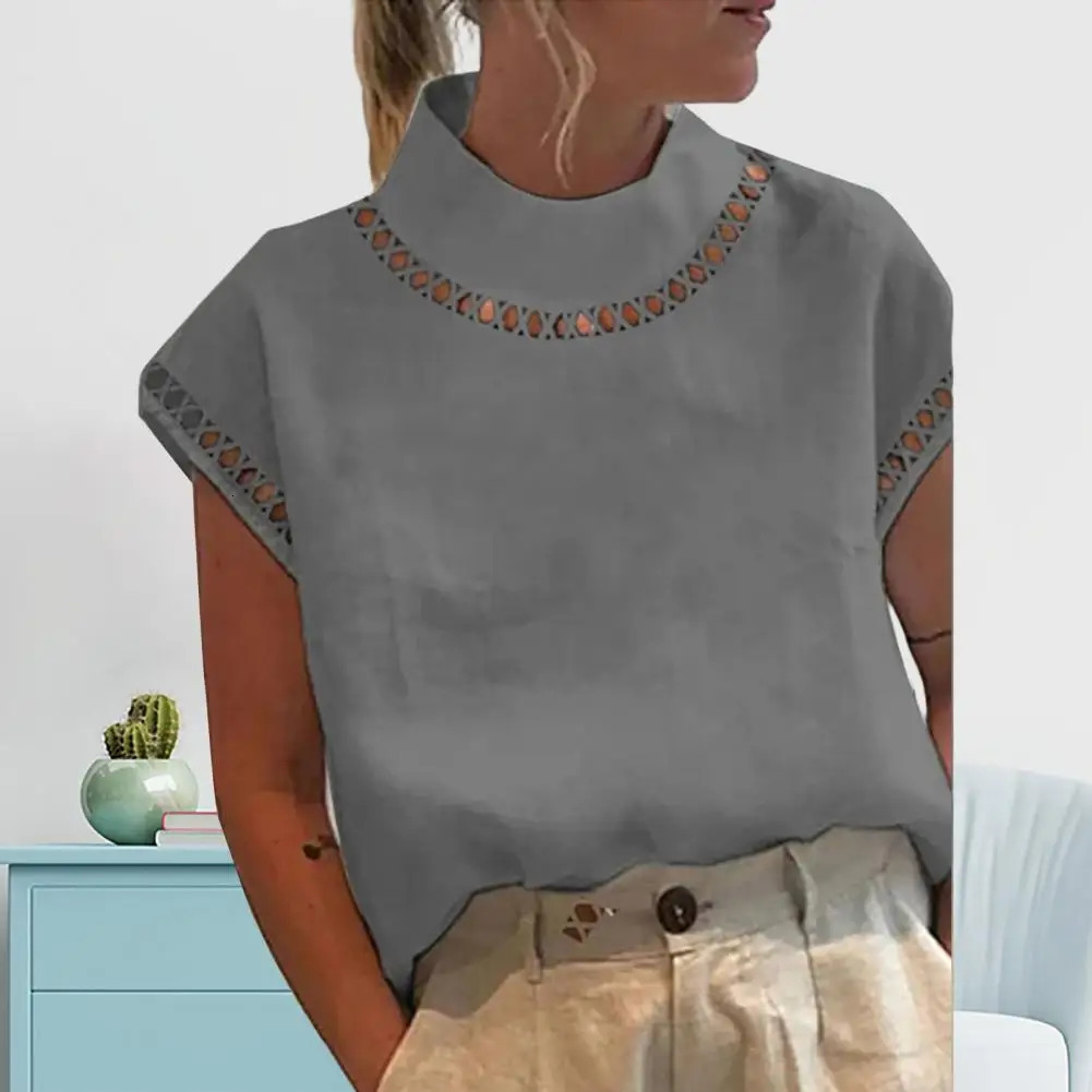 Women Casual O Neck Cotton Linen Blouses Spring Hollow Out Splicing Office Top Summer Short Sleeve Loose Vintage Clothing Shirts 250226