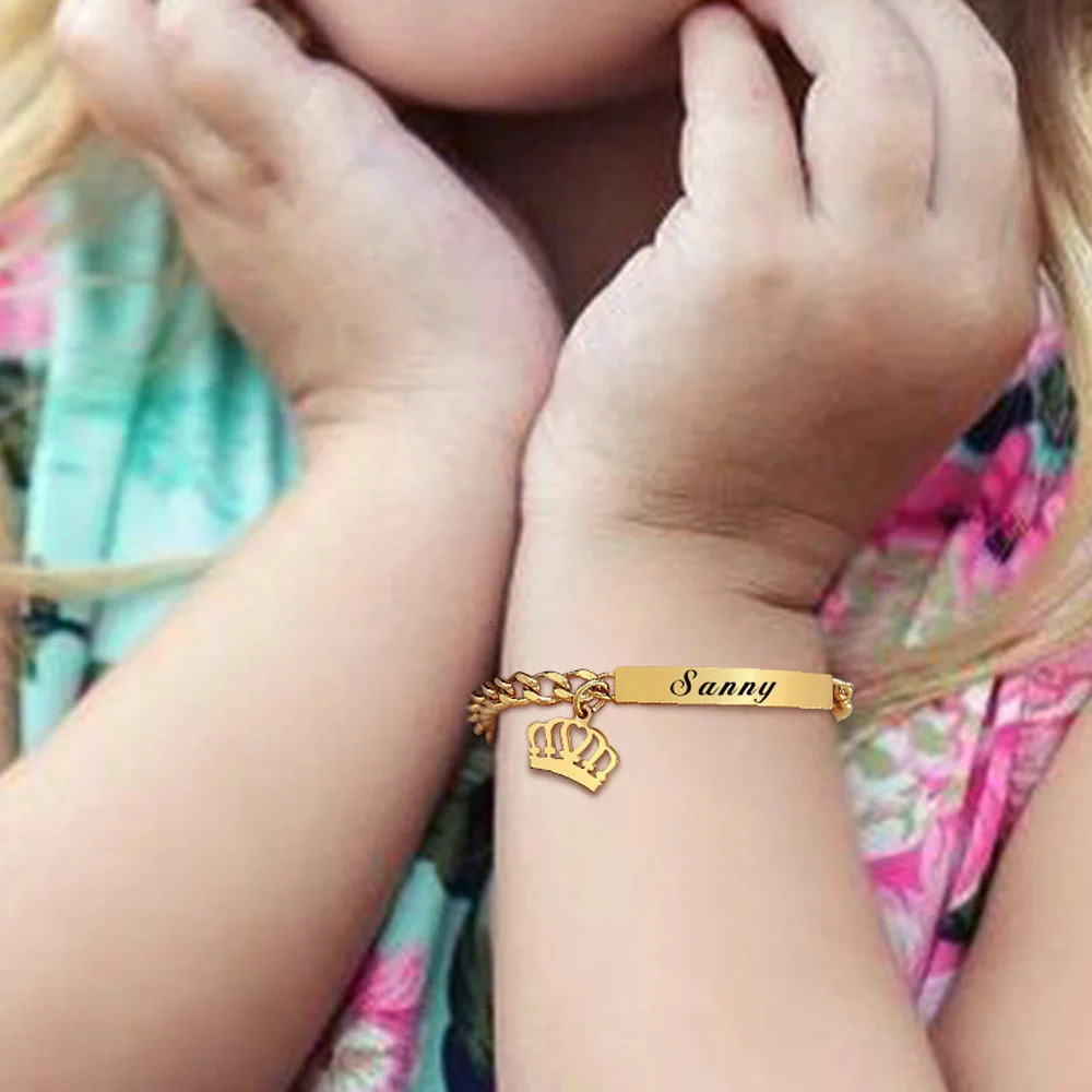 925 sterling silver custom name bar bracelet crown carved name letters heart-shaped personalized gold-plated childrens bracelet 250304