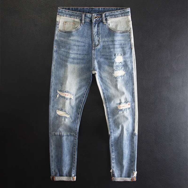 Ripped Patch Jeans For Men, Light Blue, High-End Fashion Design, Patchwork Slim Fit Straight Pants