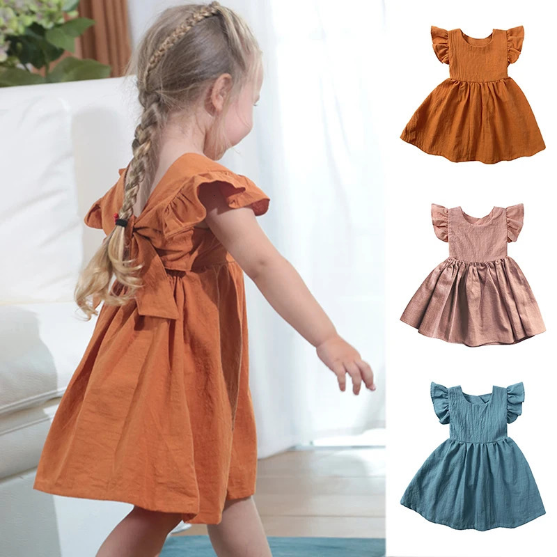 Summer Childrens Clothing Baby Girl Dress Short Sleeve Linen Cotton Princess 9M6Y Preschool Party 250303