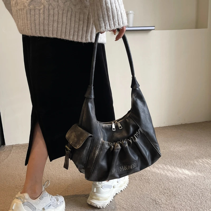 Distressed Vintage Shoulder Bags For Women Pleated Large Capacity Retro Hobo Bag Winter Handbags 250228