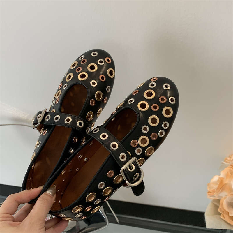 2024 summer new French hollow ballet shoes for women, perforated rivets, flat bottomed shallow mouth, women's niche design, single shoe