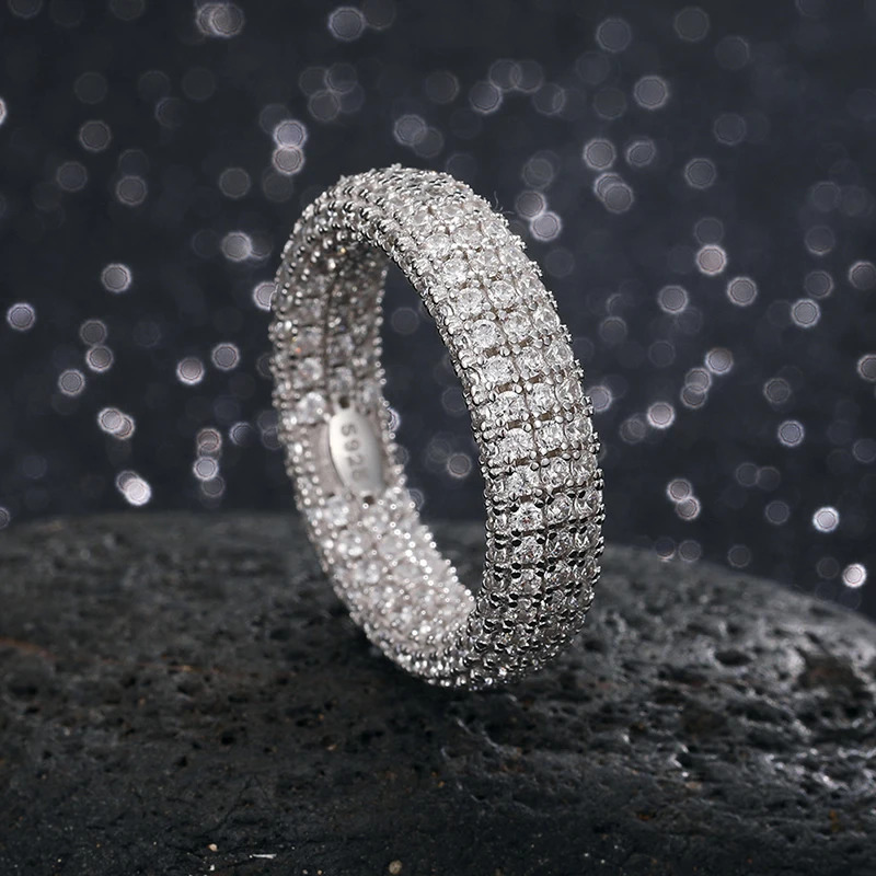 Hip Hop Real 925 Sterling Stamp Ring Full Cubic Zircon Gold Charm Jewelry Punk Male Women Finger Rings Size 7-10 Unisex 250227