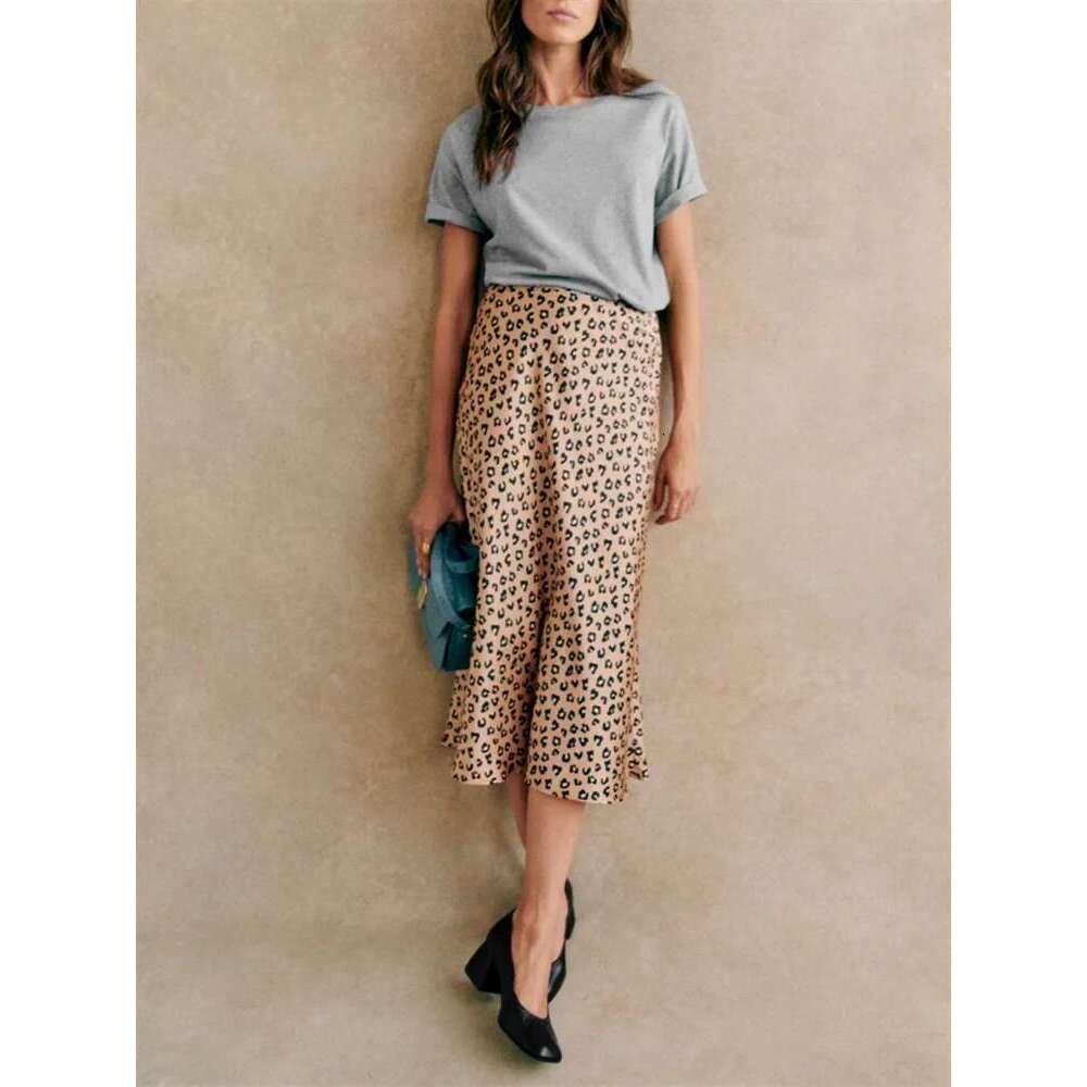 Retro Leopard Print Women Satin Midi Skirt Spring New Ladies A-E High Waisted Mid Length Jupe All-Match