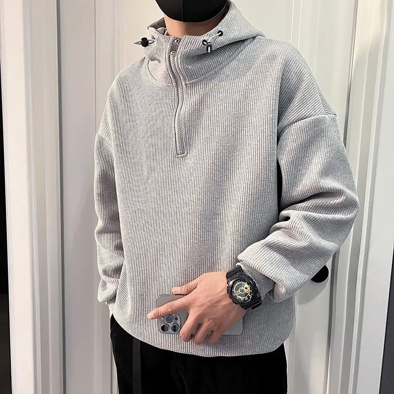 Mens Trendy Simple Casual Half Zipper Hooded Sweatshirt Autumn Winter Black Gray Long Sleeve Loose Pullover Hoodie Clothing 250304