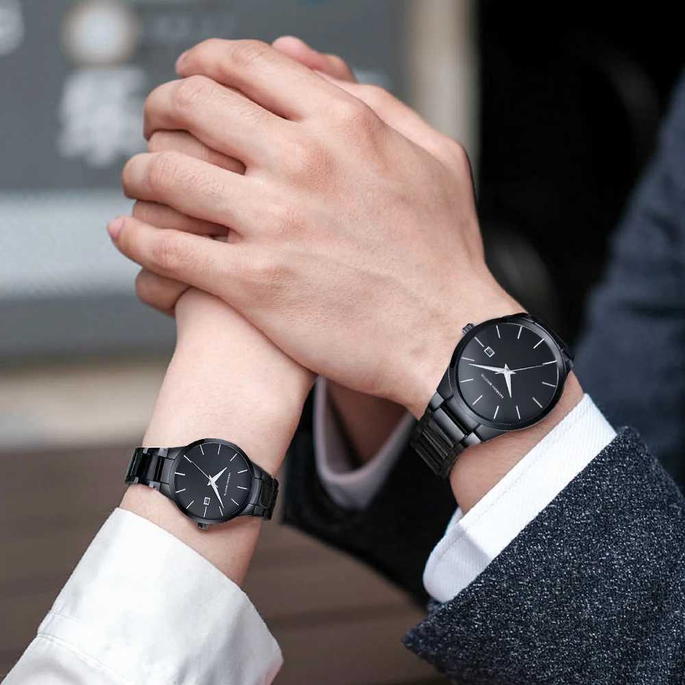 2 Pieces Quartz es For Couples Black Stainl Steel Busin Mens Clock Casual Minimalist Women Gift Couples GiftXJ250304
