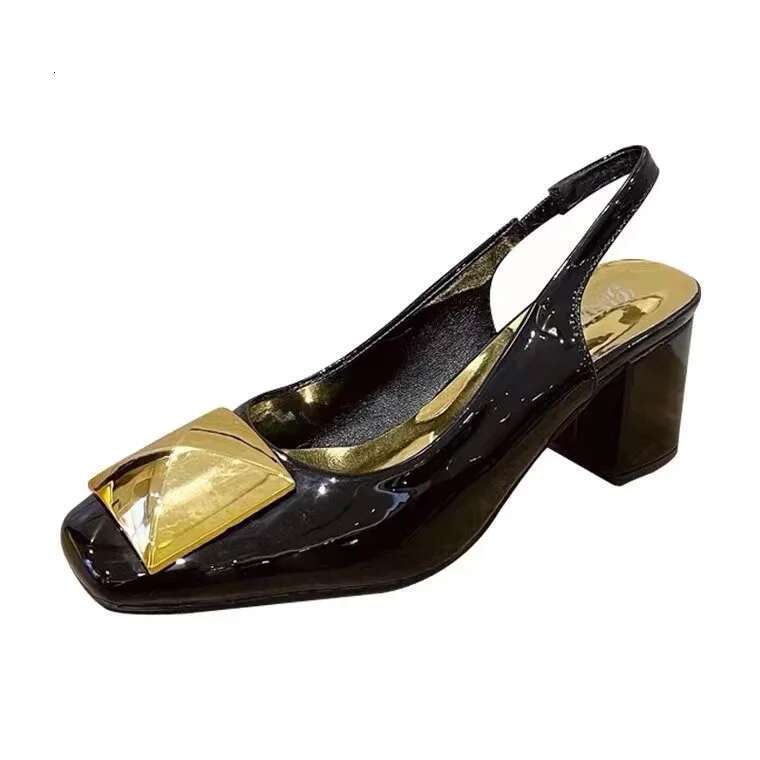 Summer New 2025 Metal Square Buckle Baotou Thick Heel Sandals Women Korean Shallow Mouth Slip-On Back Strap Sandalias De Mujer