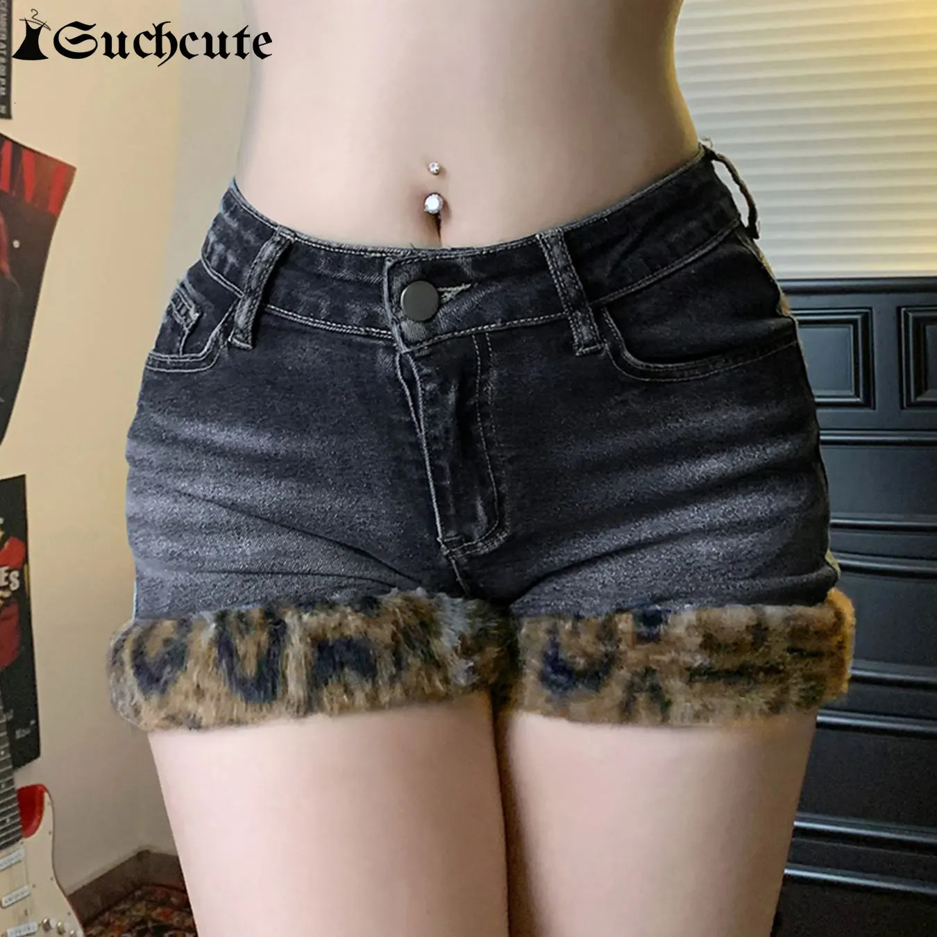 SUCHCUTE Leopard Print Fur Patchwork Shorts Jeans Women Low Waisted Button Up Mini Shorts Fashion Vintage Y2k Clothing 2025 250303