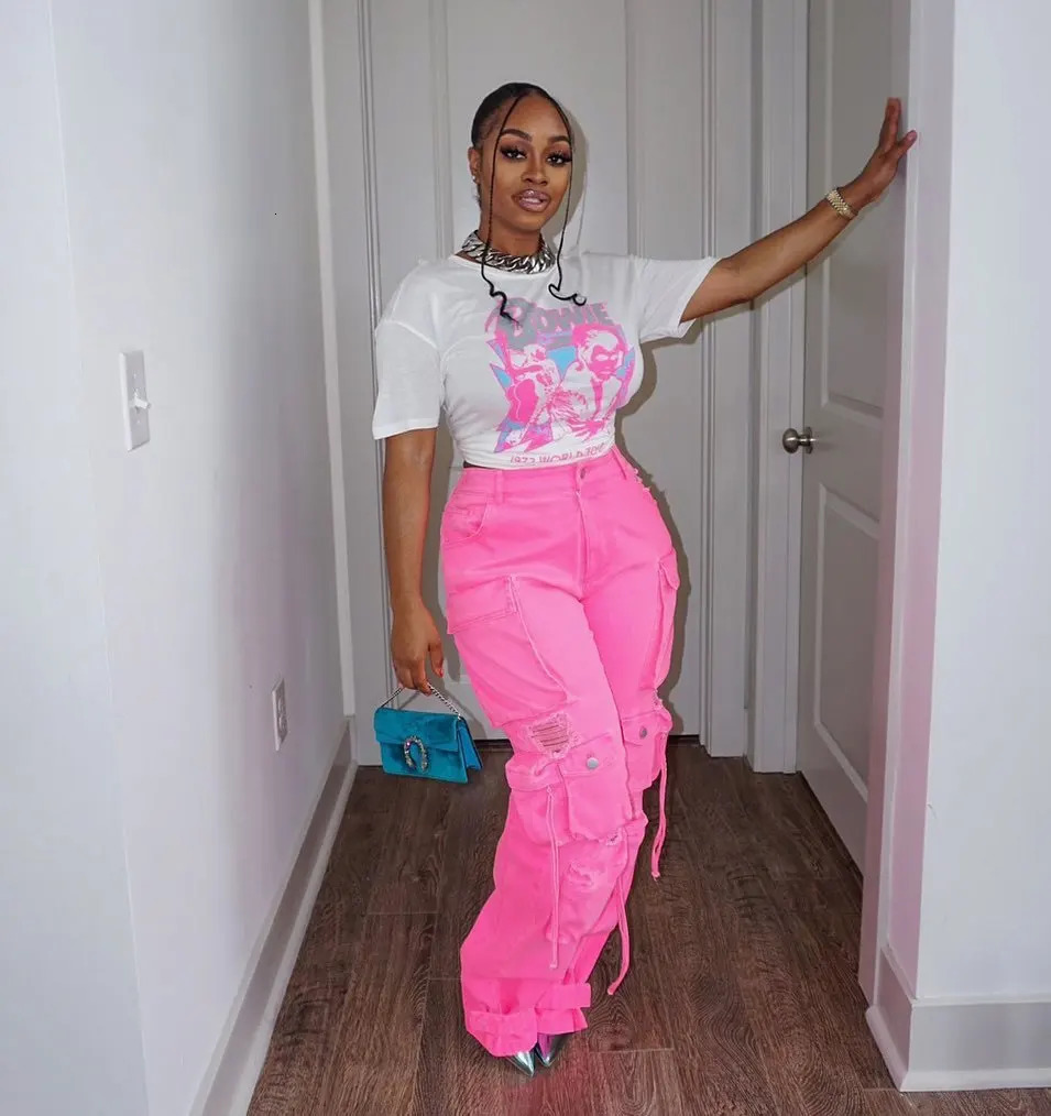 Multi Pockets Denim Straight Pants Sexy Women High Waist Elegant Streetwear Jeans Casual Trousers 250227
