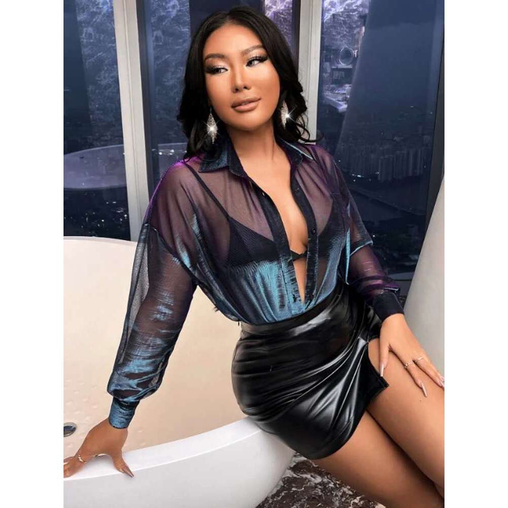 color Fashionable laser changing bright silk see-through loose temperament long-sleeved shirt