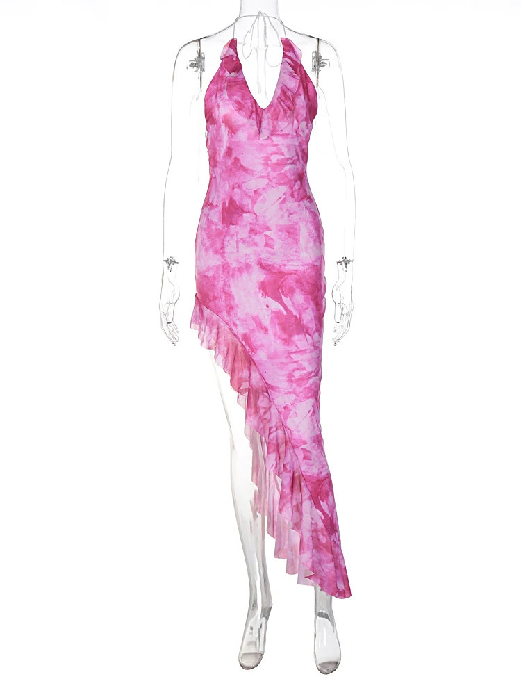 Hugcitar Ruffles Tie Dye Halter Backless Bandage Irregular Sexy Maxi Dress Summer Women Y2K Kawaii Beach Vacation Outfit 250303