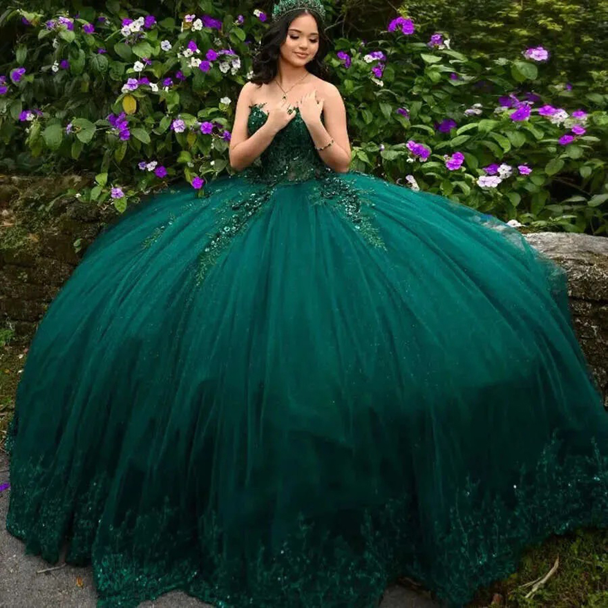 Dark Green Sparkg Quinceanera Dresses For Girls Cross Applique Lace Beads Tull Off The Shoulder 15 Vestido De Sweet 16 Birthday Party Gown