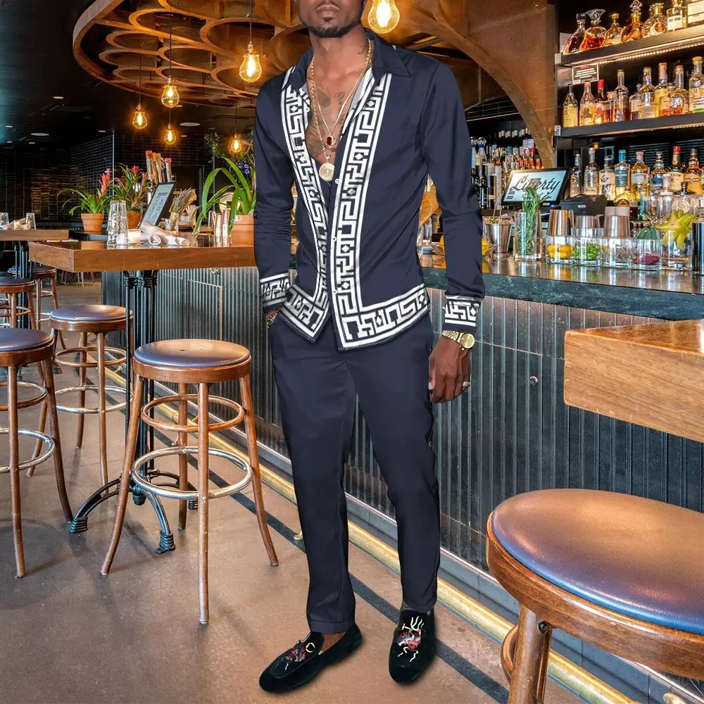 Mens Shirt Suits 3D Print Retro Harajuku Fashion Men Casuan Breathable Mens Lapel Long Sleeve Shirt Long Pants Two Piece Set 250303