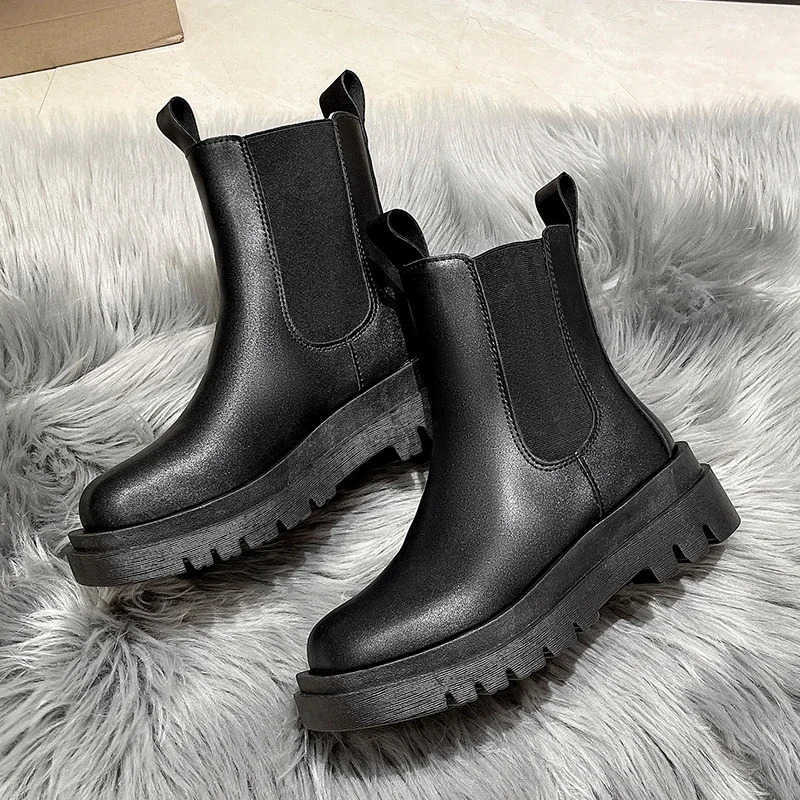 Boots Chunky Boots Wen Winter Shoes PU Leather Plush Ankle Boots Black Fem Autumn Fion Platform Booties Z250304