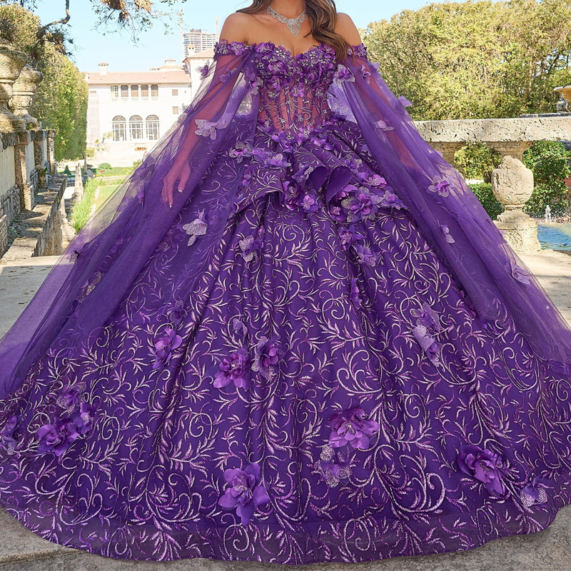 Purple Shiny Quinceanera Dresses Ball Gown Off The Shoulder Sequin Applique Flower Beads With Cape Tull Party Birthday Sweet 16 Vestidos 15 De Anos