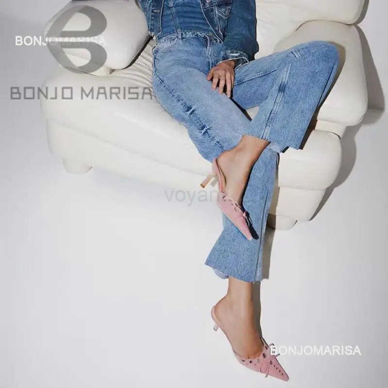Bjarisa Pointed Toe Mes For Wen Bowknot Elegant H Spring Fi Stiletto Flock Sandal Slip Cfortable Shoes Z250304