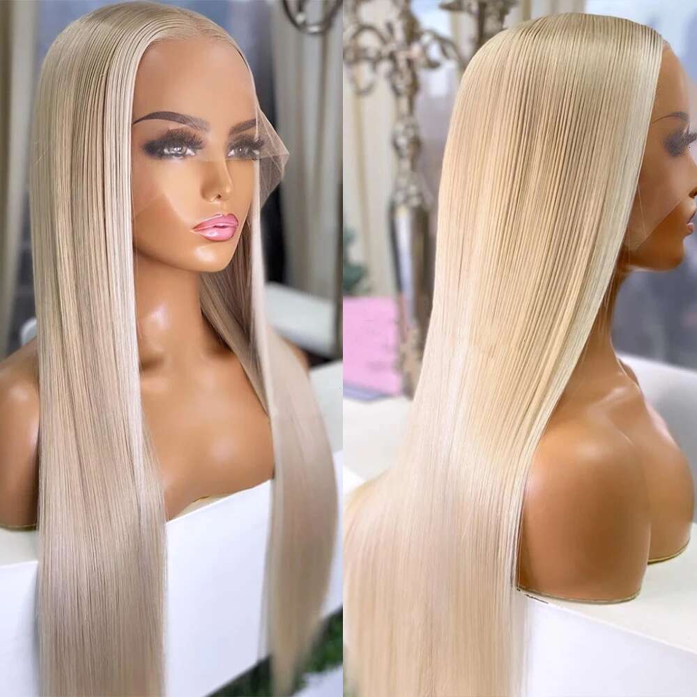 30 Inch Silky Straight Ash Blonde Highlight Wig Human Hair Blended Synthetic Wigs For Women Heat Resistant Fiber Cosply