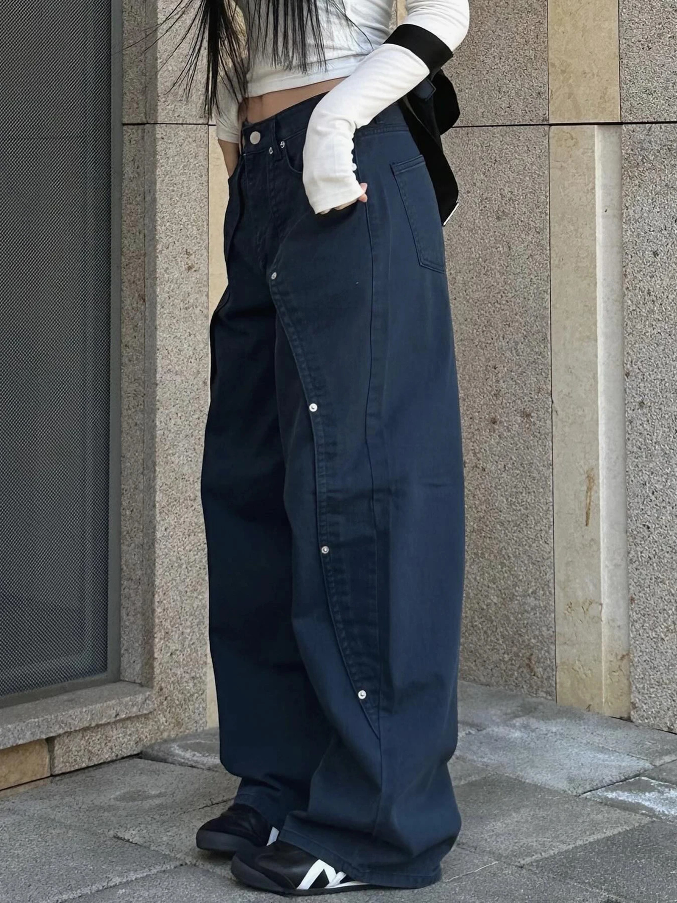 IAMSURE Casual Loose Rivet Jeans Wide Leg Pants Basic LowWaisted Straight Pant 2025 Spring Autumn Streetwear Ladies 250227
