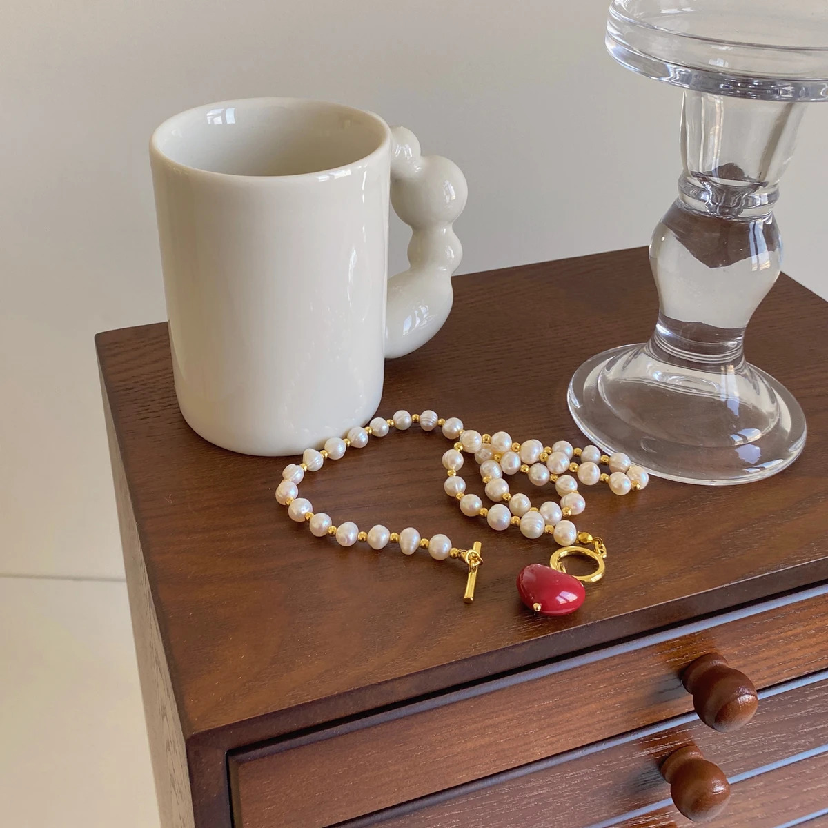 Brass With 18K Real Natural Pearl Beads Heart Necklaces Women Jewelry Punk Hiphop Runway Rare Boho Top Japan Korean 250304