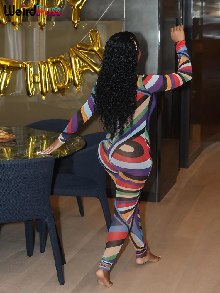 Weird Puss Sexy Colorful Print Jumpsuit Women Mesh Zip Y2K Full Sleeve O-Neck Turtleneck Trend Skinny Stretch Workout Overalls 250303