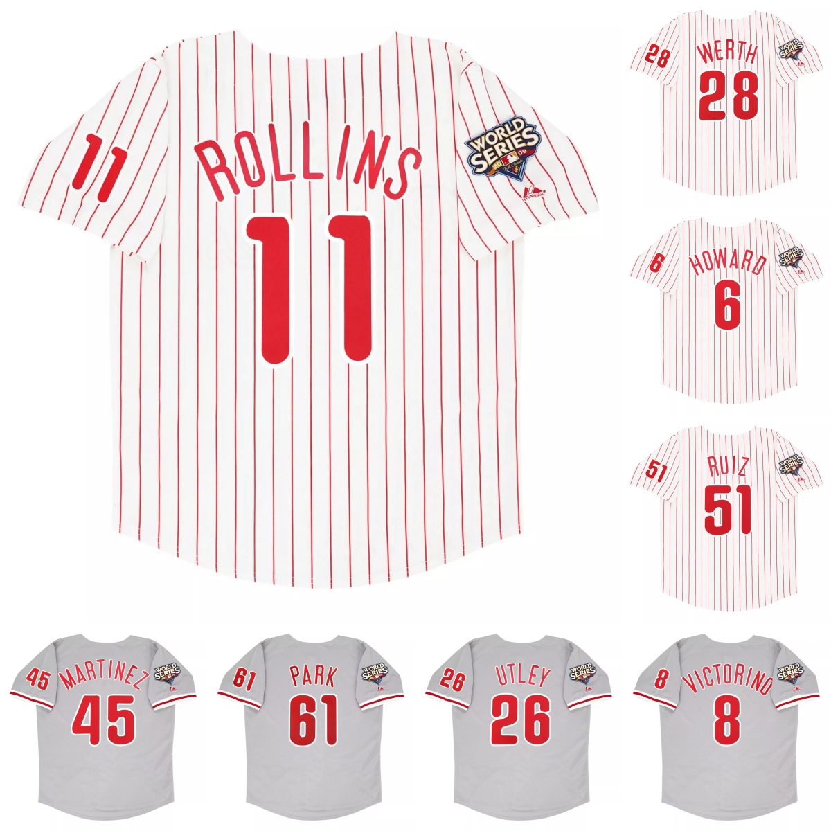 Retro Phillies Baseball Jersey 6 Ryan Howard 8 Shane Victorino 11 Jimmy Rollins 26 Chase Utley 28 Jayson Werth 45 Pedro Martinez 51 Carlos Ruiz 61 Chan Ho Park Stitched