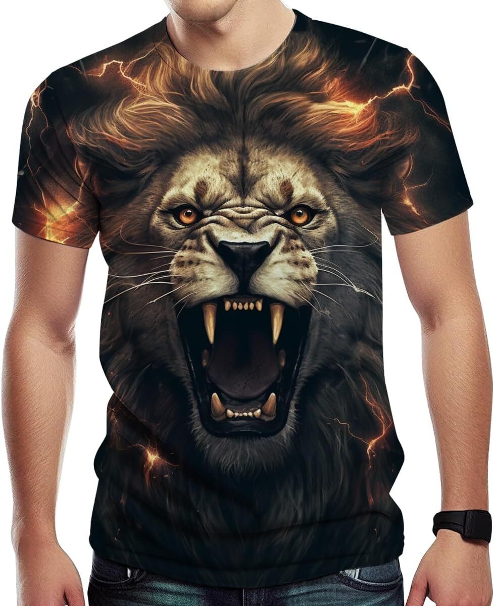 Mens T shirt Men's Lion Print Crew Neck Short Sleeve T-Shirt tee Casual tops summer clothes Fashionable lion pattern