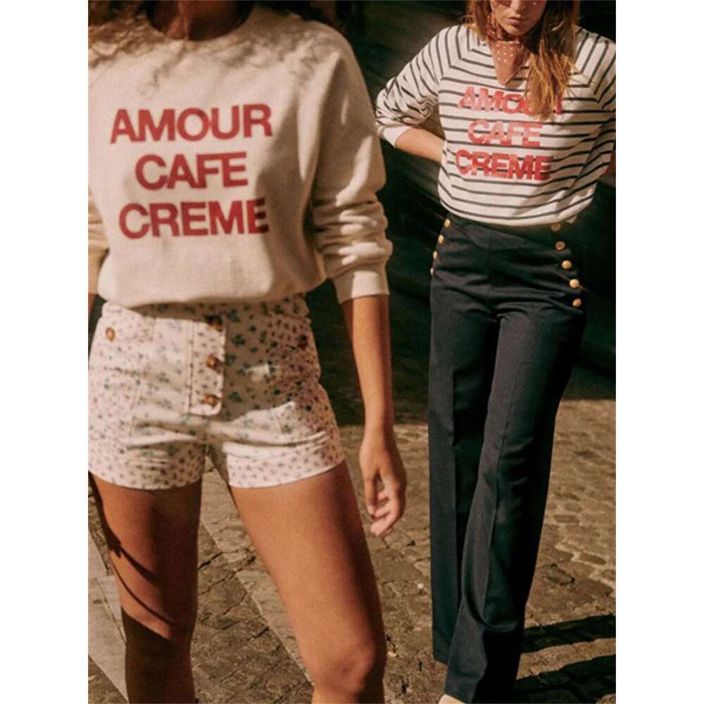 Cotton Sweatshirt Women's Letter Stripes Print Top 2025 New O-Neck Long Sleeve Female Loose Pullover Early Spring