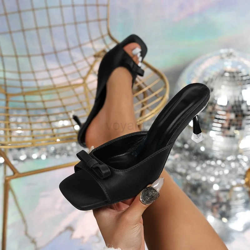 Bowknot High Wens Sandals 2025 Thin Heel Summer Outdoor Wens Slippers 42 Black WHite Square Toe Slippers Z250304