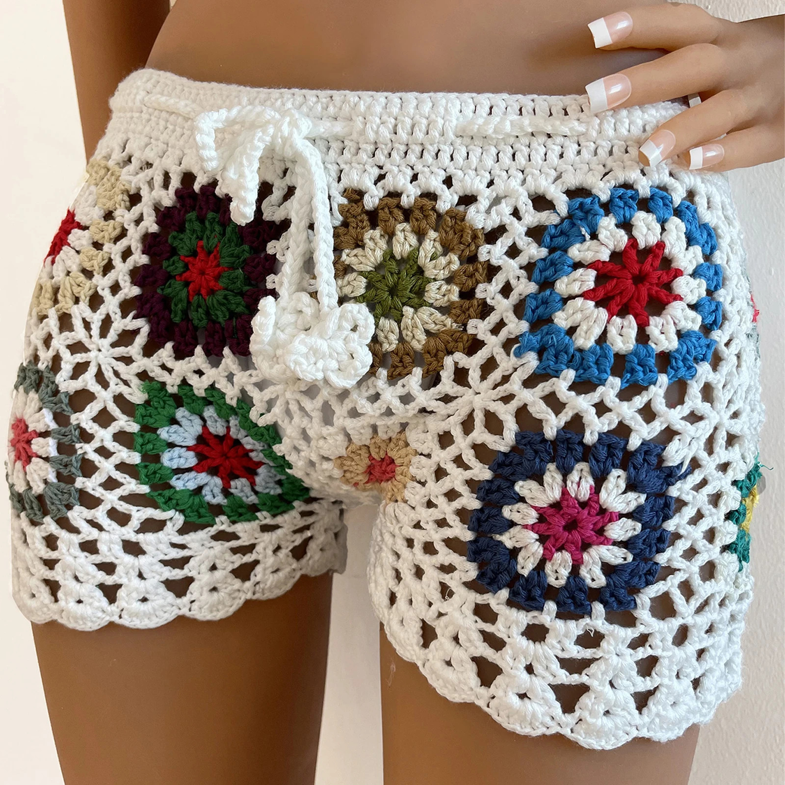 Gaono Y2K Vintage Womens Knit Crochet Shorts Casual Hollow Out Elastic Waist Drawstring Short Pants Lounge Shorts for Summer 250304