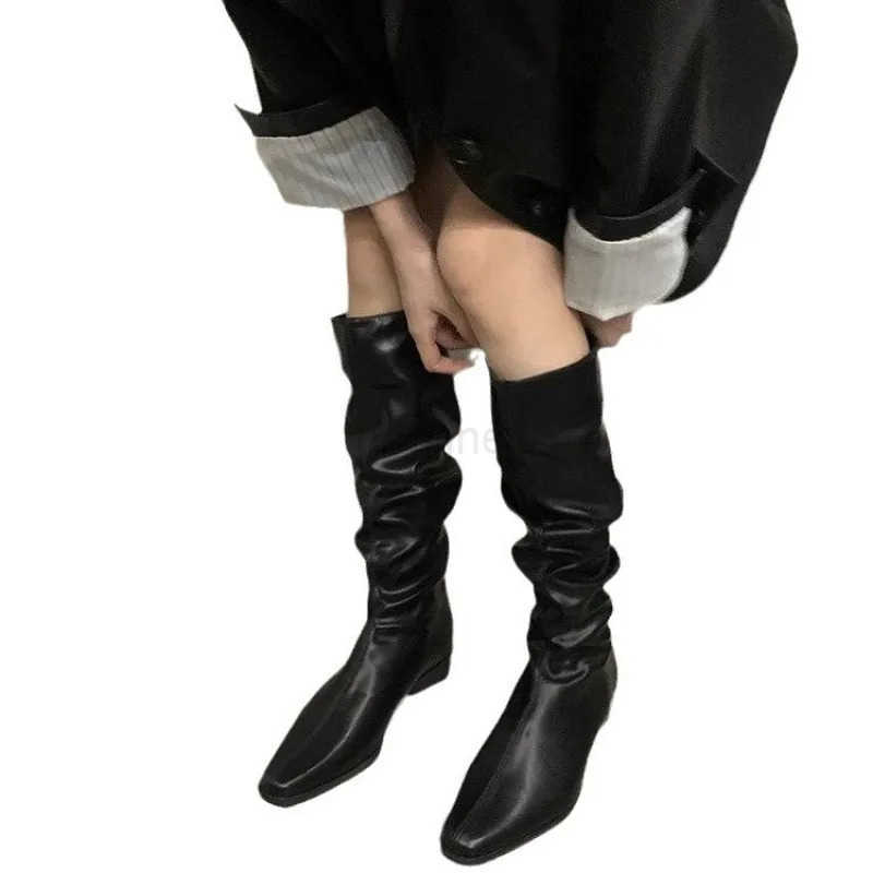 Spring and AutumnWern Cowboy Boots Wen Fion Pleated Slip on Long Boots Fem Elegant Low Heel Wens Knight Botties Z250304