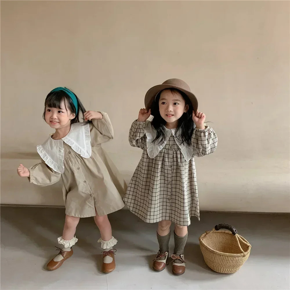 8486 Girls Clothing Casual Dress Spring and Autumn Korean Cotton Linen Princess Plaid 250303