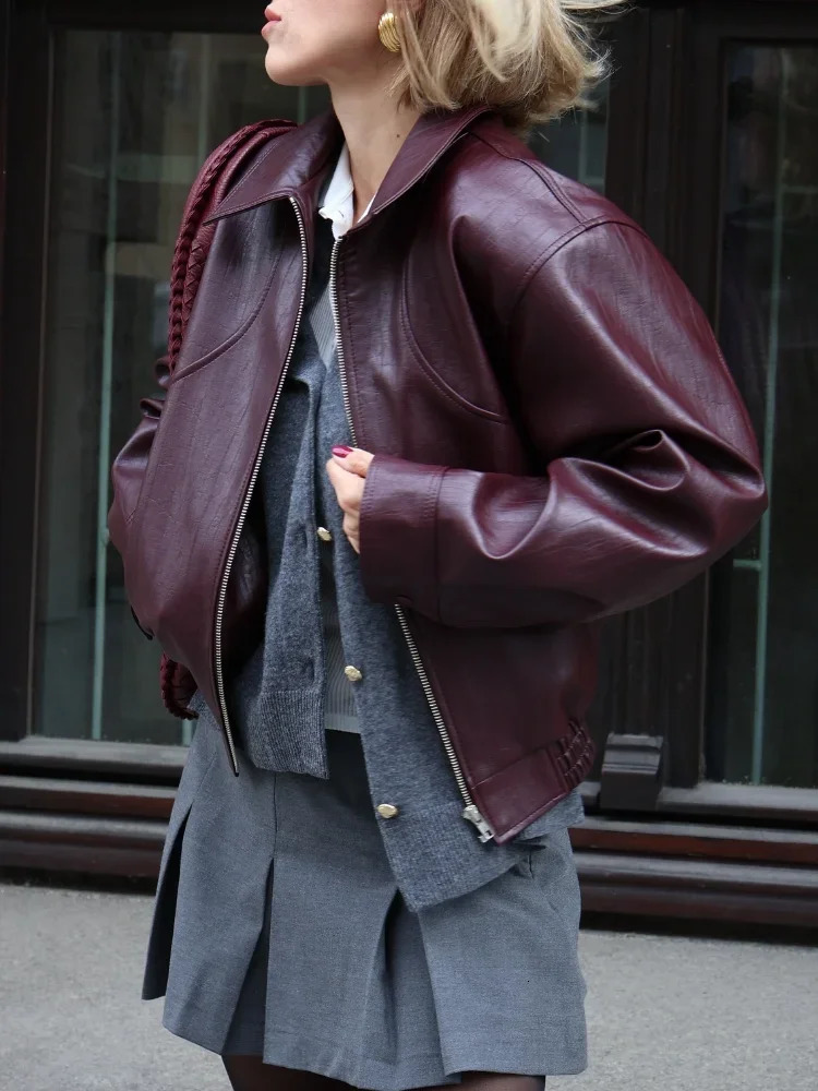 Vintage Wine Red Short Leather Jacket For Women Chic Slim Lapel Collar Long Sleeved Zipper Coat Autumn Lady High Streetwear 2025 250226
